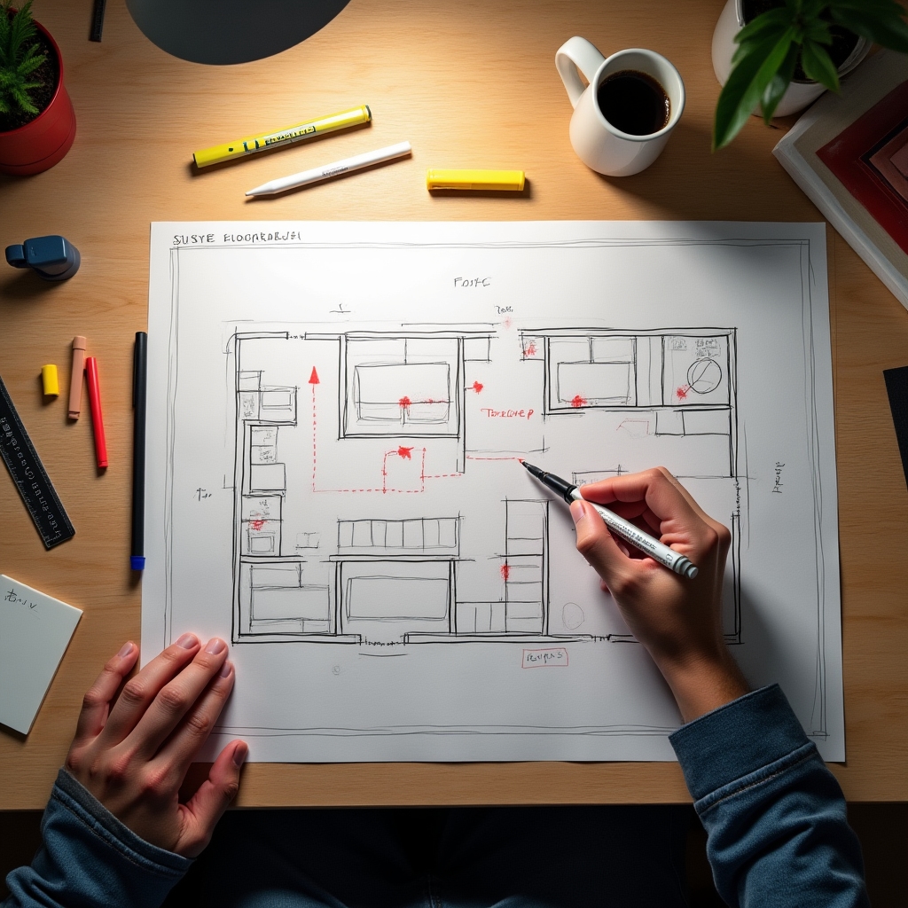 Overhead view of a store layout being analyzed for customer flow optimization